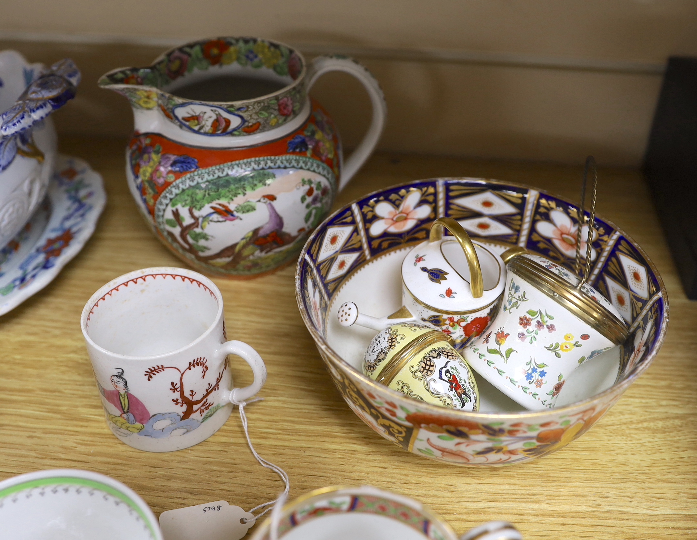 A pair of English ‘Japan Opaque’ china chestnut baskets and stands, c.1825, a Worcester 'dragons in compartments' saucer, Liverpool? coffee can a tea bowl, a pearlware jug etc.